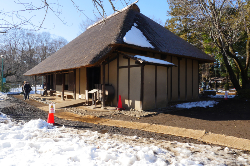綱島家（農家）（つなしまけ）｜江戸東京たてもの園 江戸時代中期 世田谷区岡本三丁目 多摩川をのぞむ台地上にあり、広間型の間取りを持つ茅葺きの民家です。広間をかこむ長方形断面の大黒柱や、押し板という古い形式の板などから、建物の歴史が感じられます。