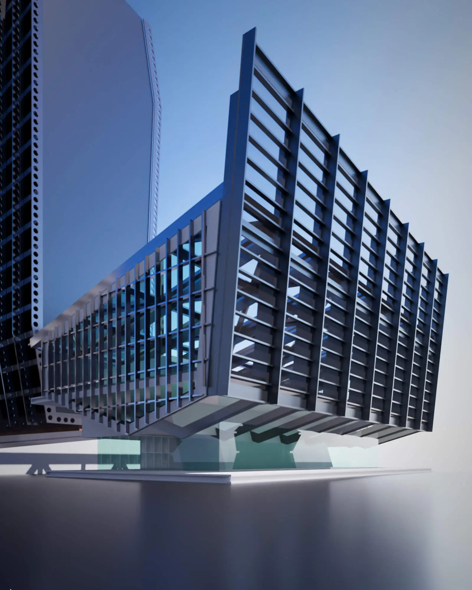 アミューズメント棟CGパース北西アングル卓越風のある西面には風を粗し風速を弱めるためのジャイアントルーバーが取り付けられている。