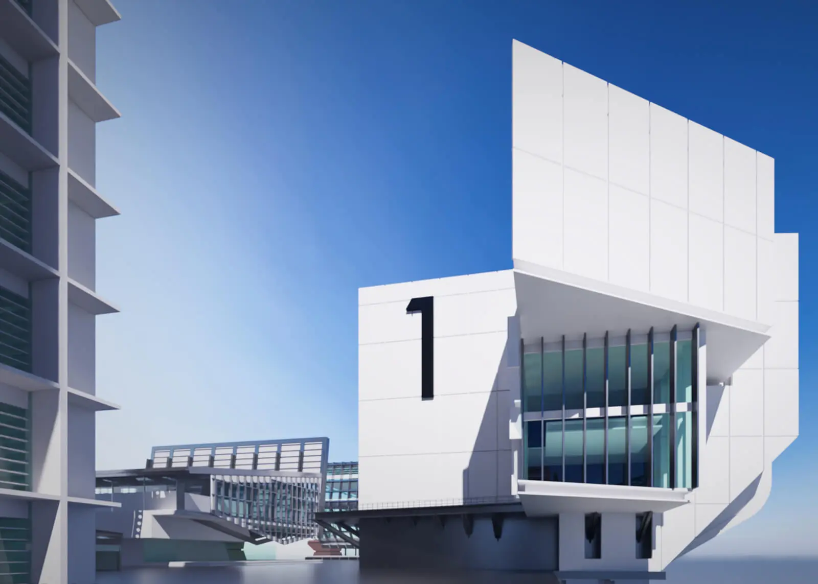 CGパースはSMR小型原子炉発電所施設1号棟東面のアングル ガラス面は原子力棟の事務所部分です。