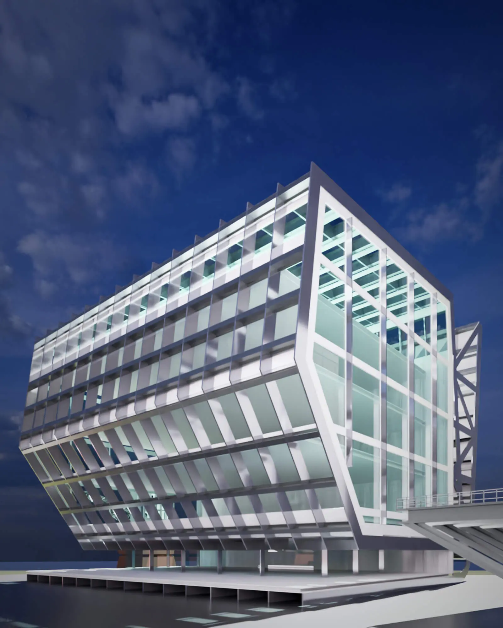 CGパース カジノ棟 北東アングル 海上プラットフォームは気象条件が厳しい時があるので、全天候型のガラスドームのような完全空調化に建築を収めたデザインとして計画しています。