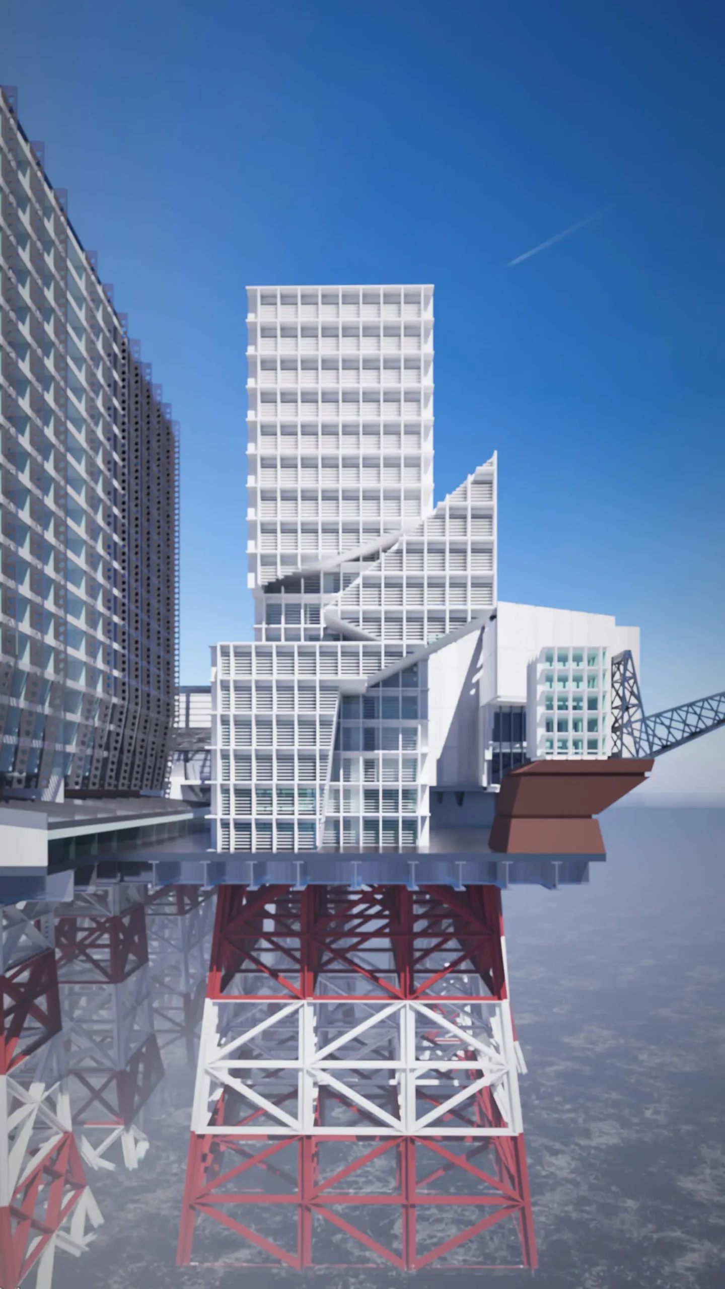 CGパース ホテル棟 西側アングル 暴風対策にサッシのリブが大型化されガラス面を小割にして耐風圧を考慮したデザインとしている。