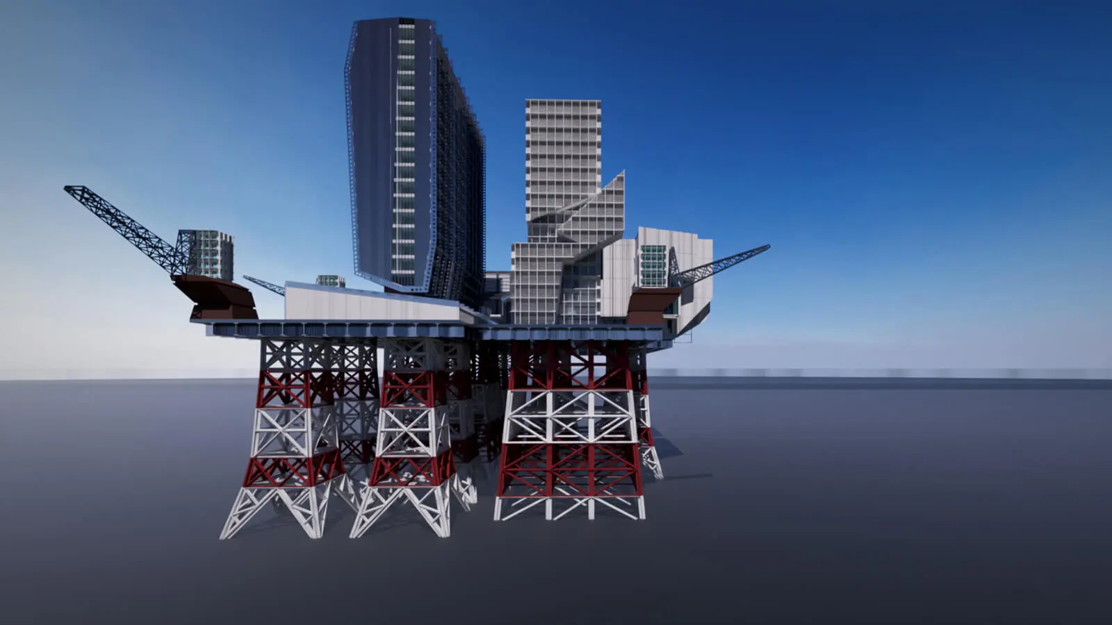 石油掘削リグ転用型 洋上SMR建築 CGパース 全景 構台面アングル東側