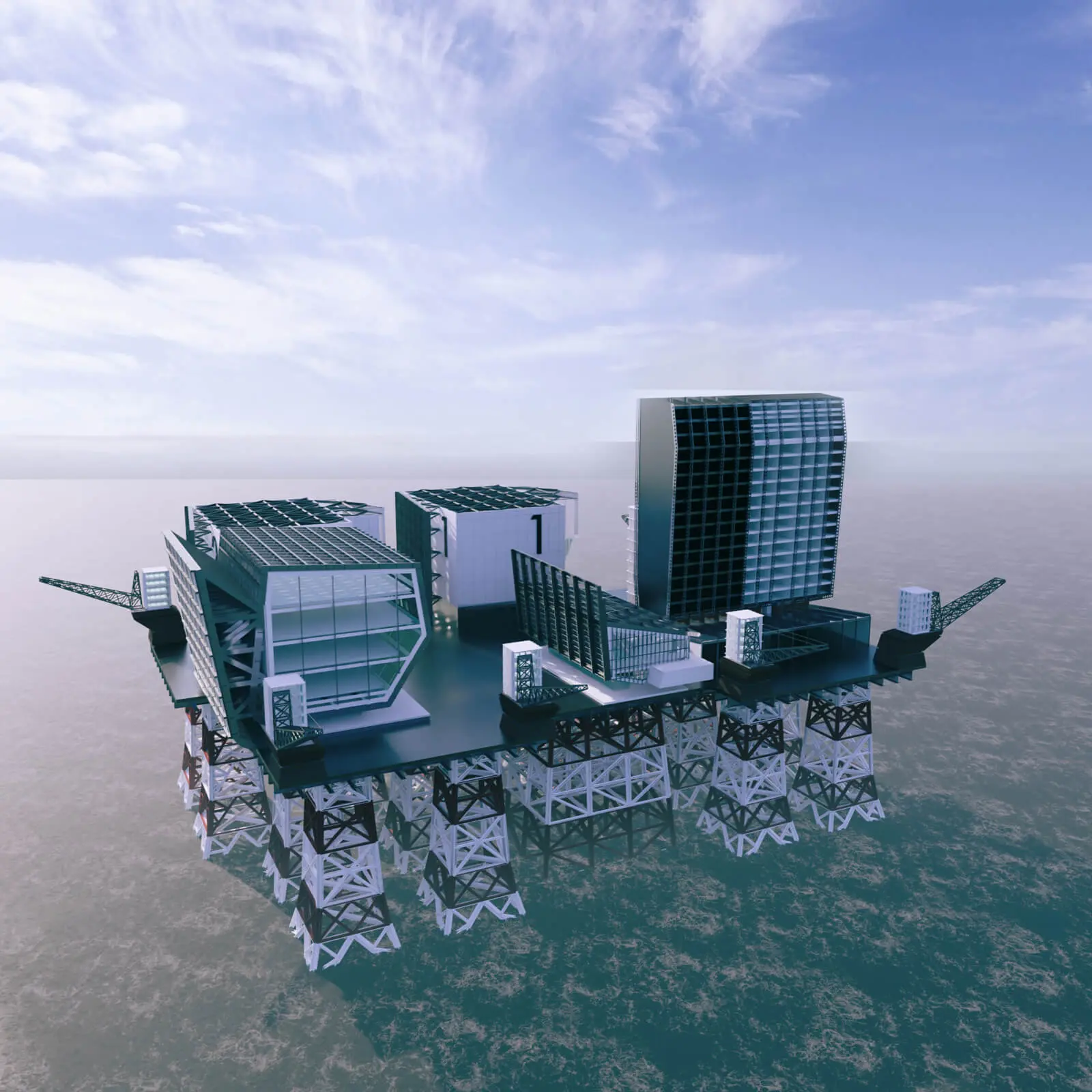石油掘削リグ転用型 洋上SMR建築 CGパース 全景 鳥瞰 東側