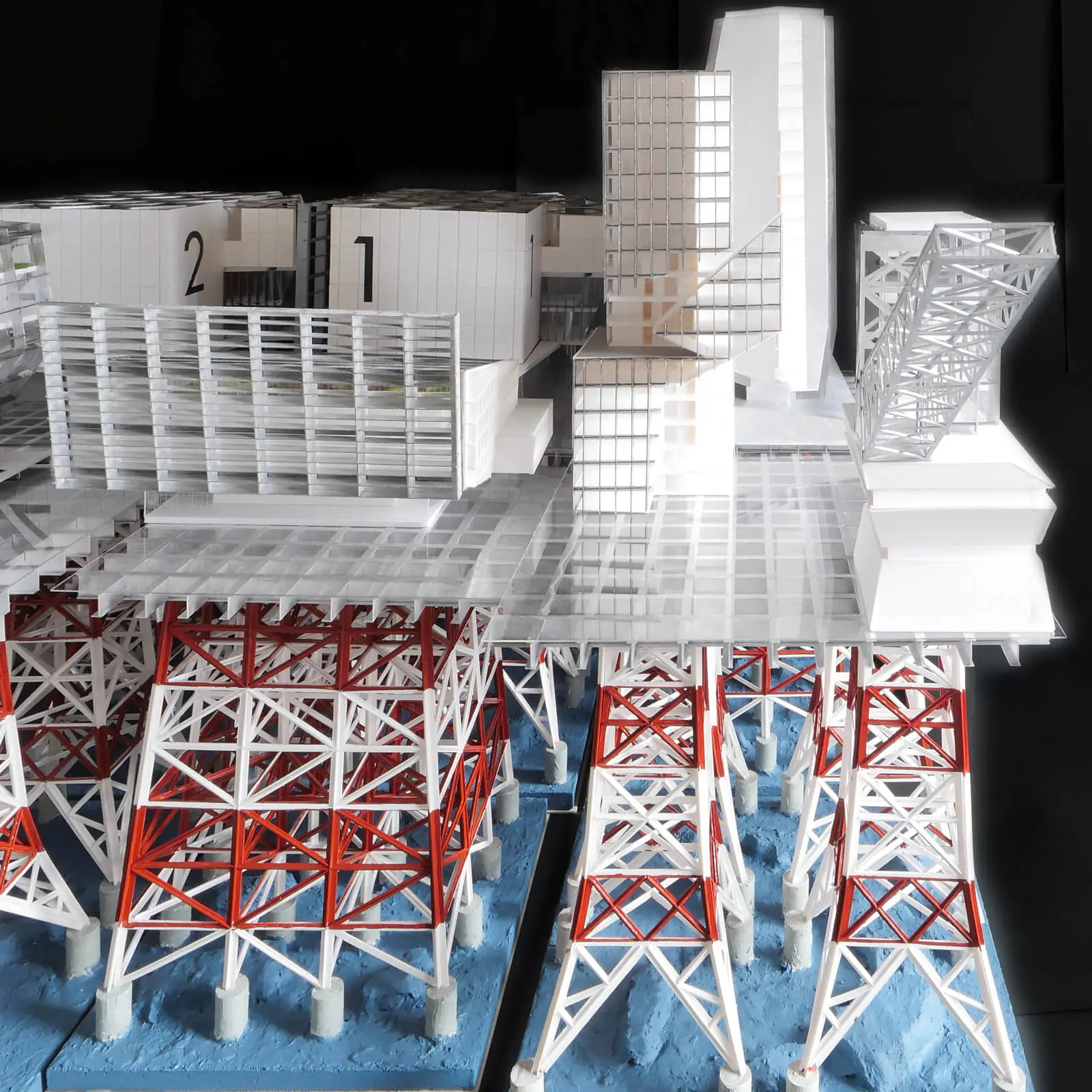 石油掘削リグ転用型 洋上SMR建築 建築模型 見おろしアングル