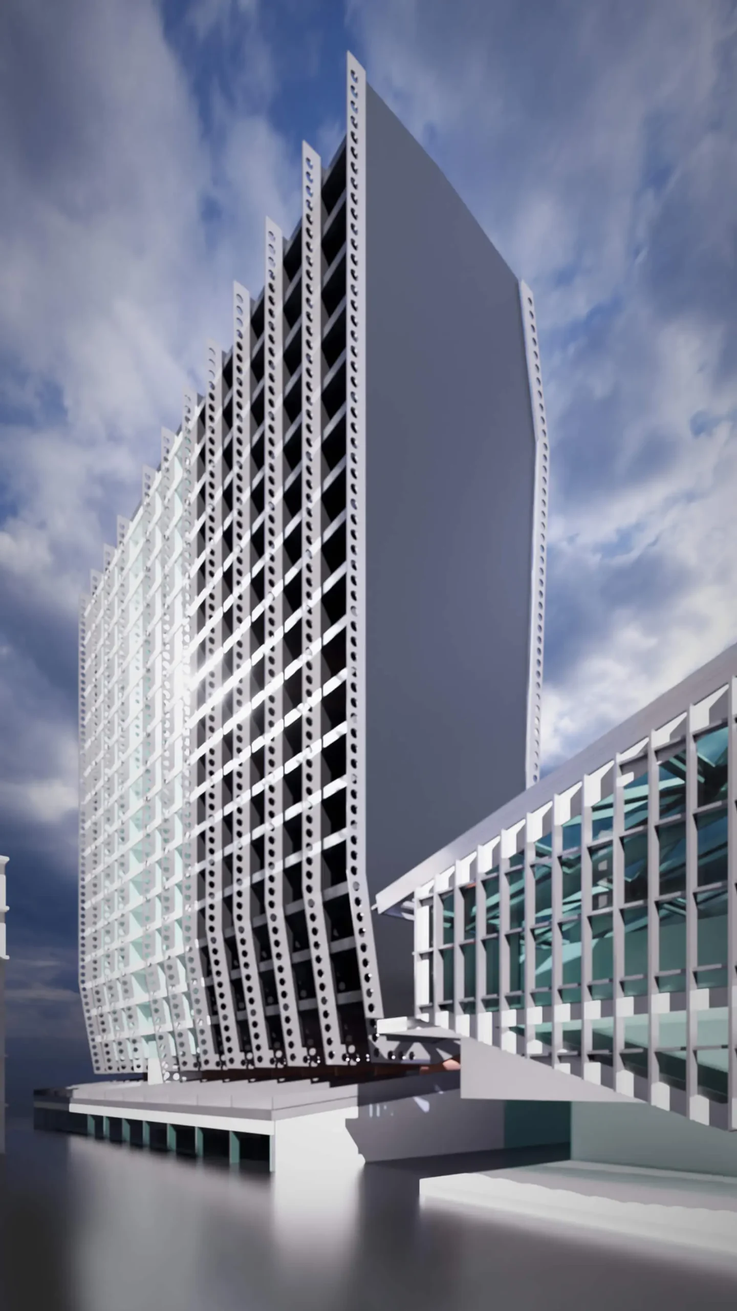 石油掘削リグ転用型 洋上SMR建築 宿泊棟 CGパース 手前はコンクリート躯体の将来増築部 奥側ガラスカーテンウォールが宿泊棟部分