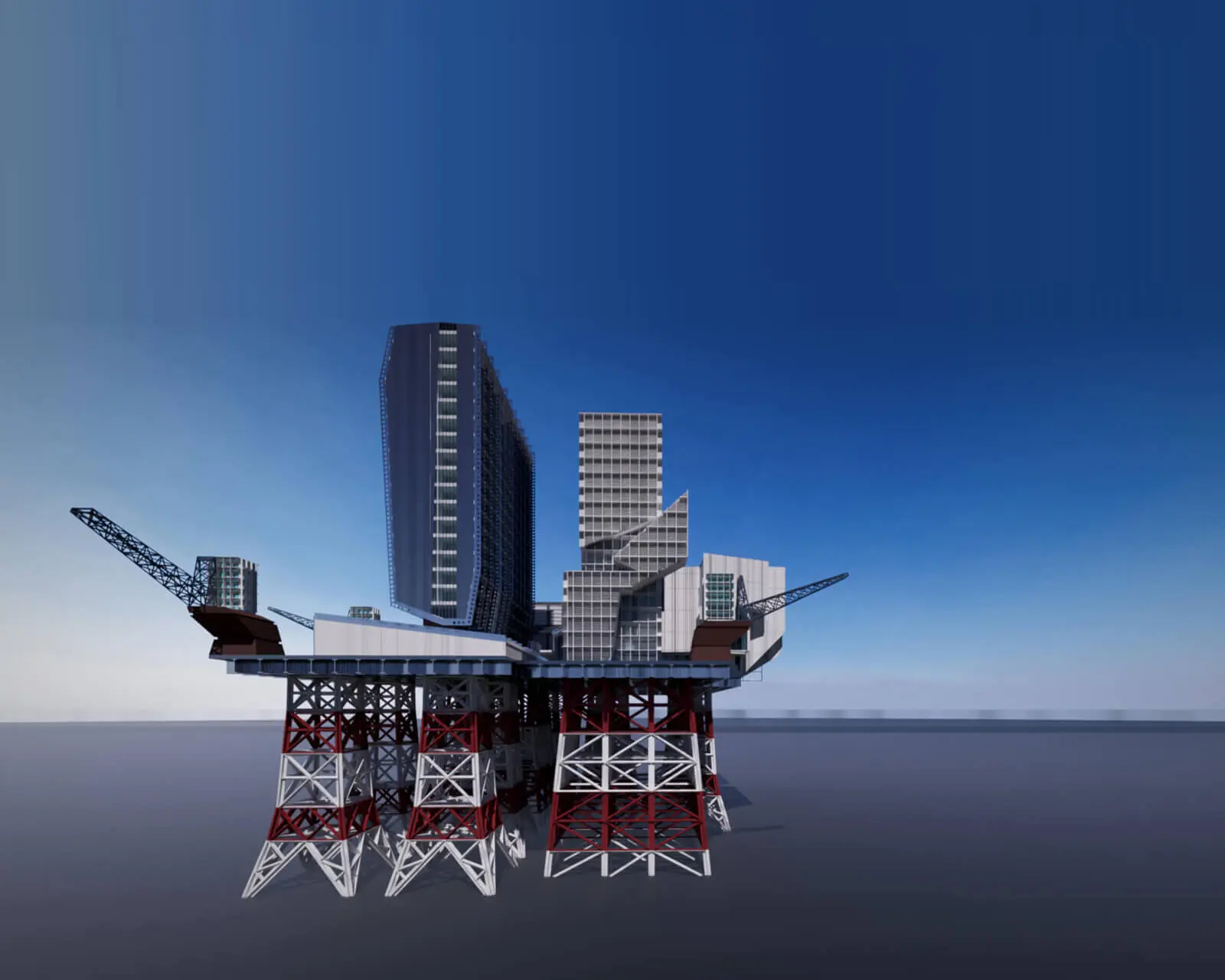 石油掘削リグ転用型 洋上SMR建築　CGパース　全景　構台面アングル東側