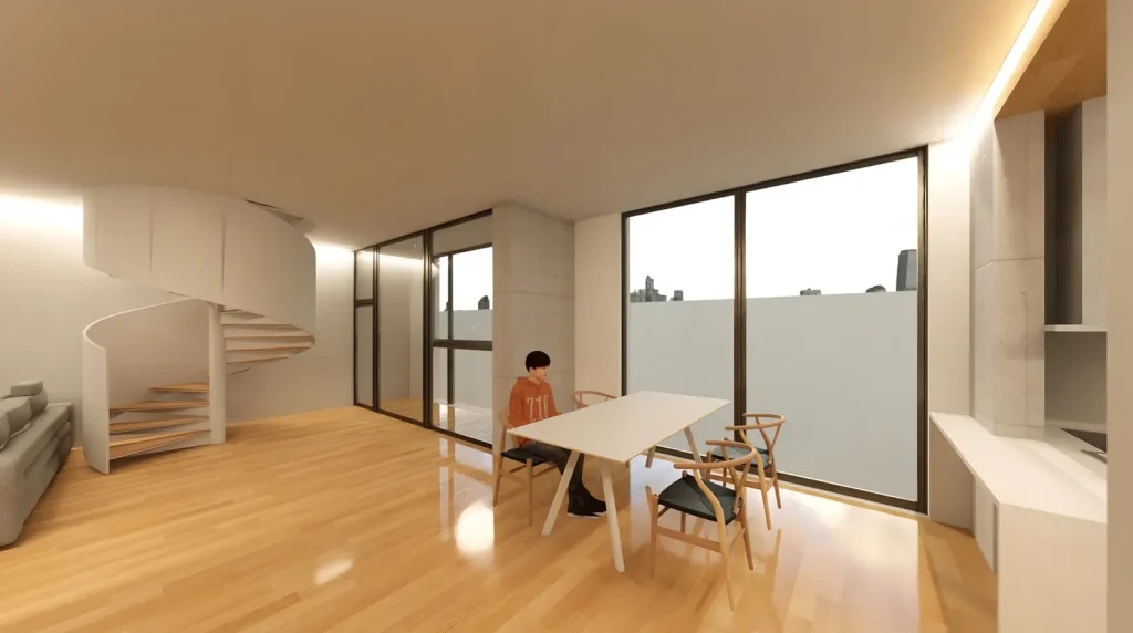 賃貸併用住宅-コンクリート-エントランスからダイニングと南側バルコニー
