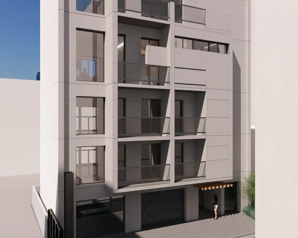 賃貸住宅とオーナー住戸を併設したRCマンション外観CG｜浦和駅前徒歩1分｜コンクリート打ち放し｜デザイナーズマンション｜賃貸併用住宅｜企画設計段階でのCGパース